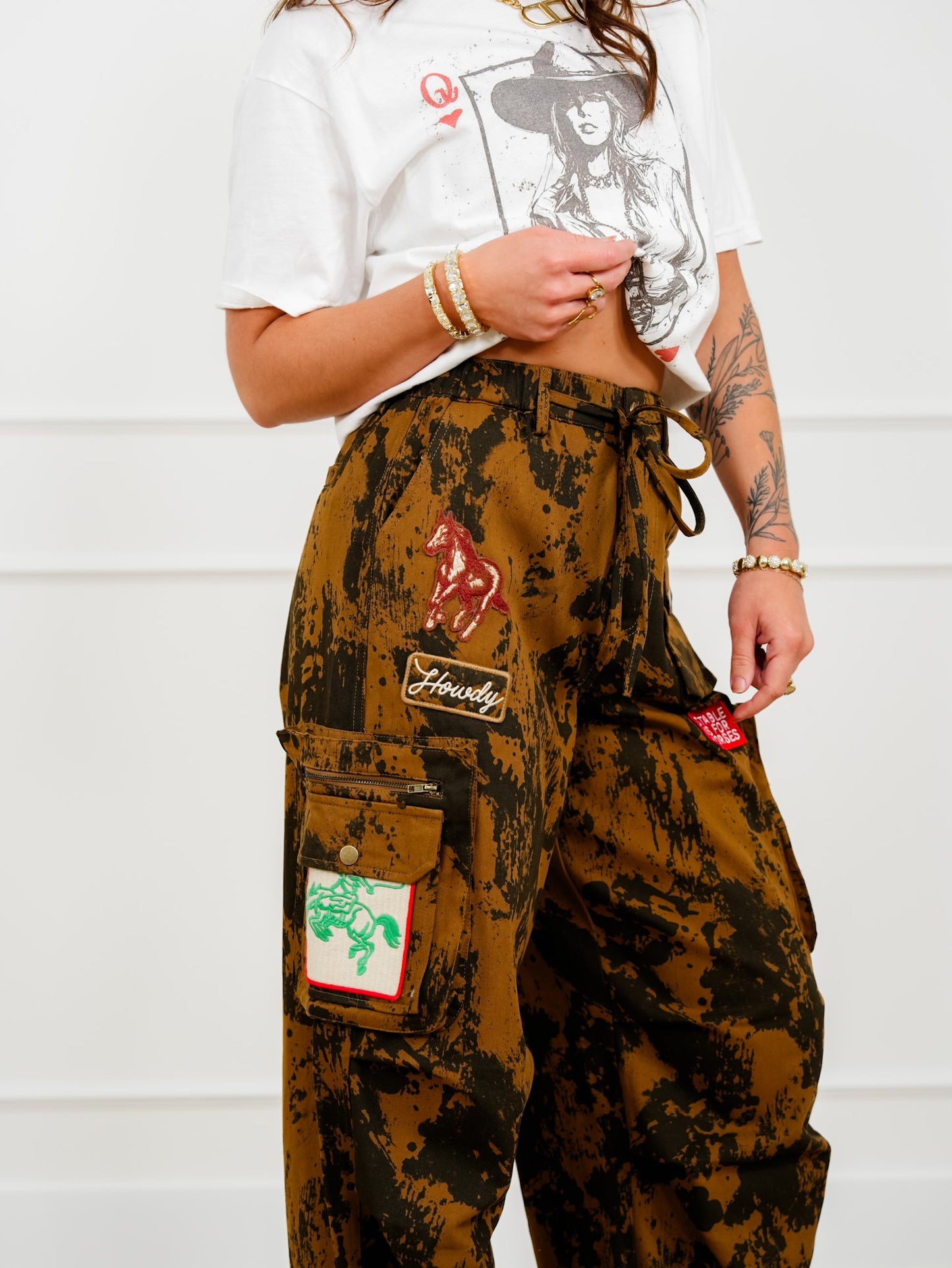 Plus/Reg Cow Print Elastic Waist Pants with Western Patches