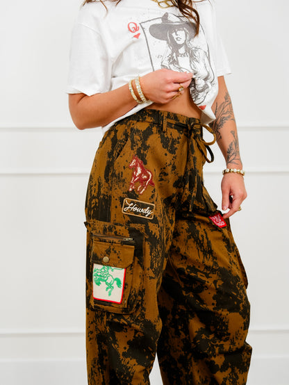 Plus/Reg Cow Print Elastic Waist Pants with Western Patches