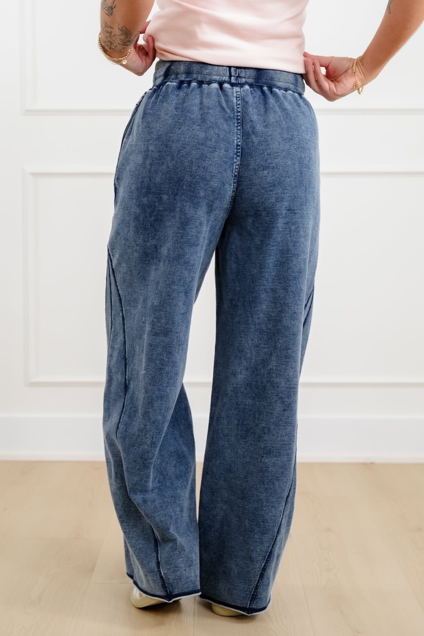 Plus/Reg Mineral Wash Elastic Waist Wide Leg Pants