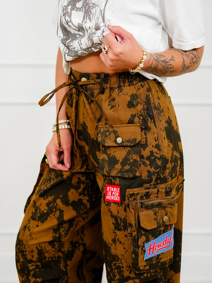 Plus/Reg Cow Print Elastic Waist Pants with Western Patches