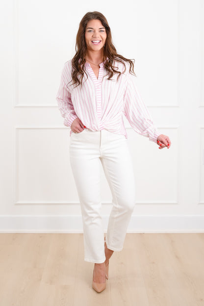 Stripe Long Sleeve Twist Tie Top