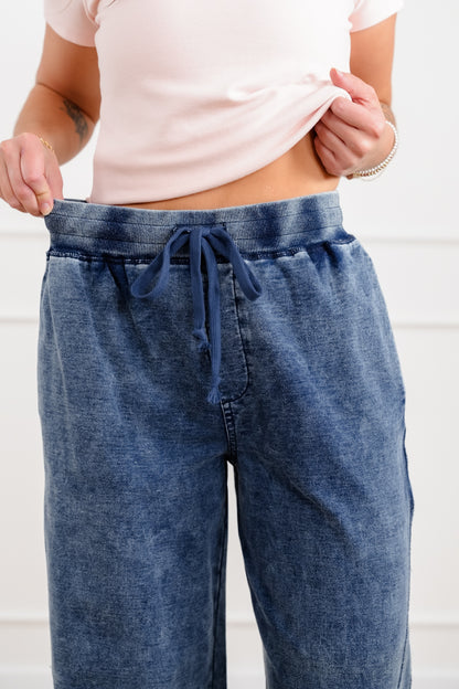 Plus/Reg Mineral Wash Elastic Waist Wide Leg Pants