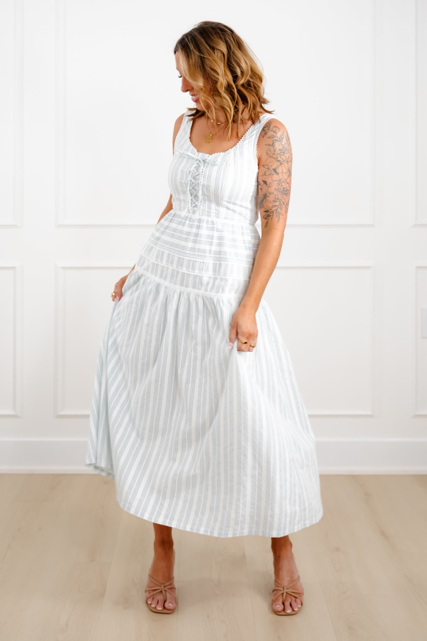Sleeveless Striped Maxi Dress with Lace Trim