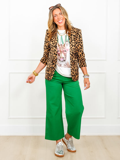 Solid Elastic Waist Wide Leg Pants