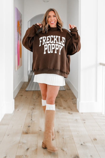Brown Long Sleeve Reversible "Freckled Poppy/ Unbothered" Graphic Pullover Sweatshirt