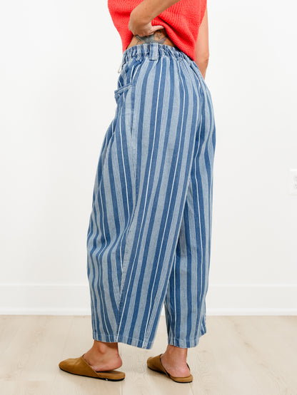 Plus/Reg Washed Striped Drawstring Barrel Leg Pants