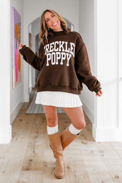Brown Long Sleeve Reversible "Freckled Poppy/ Unbothered" Graphic Pullover Sweatshirt