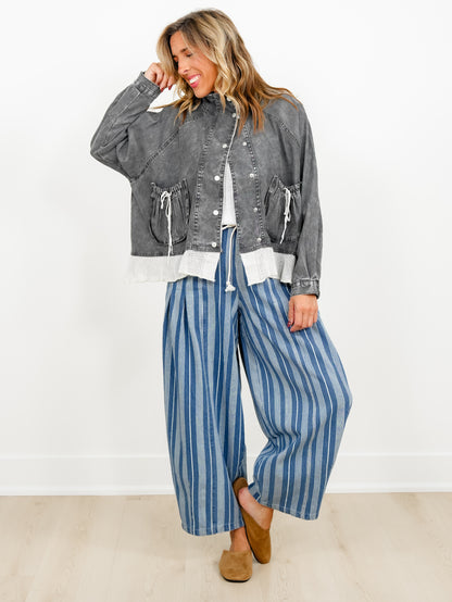 POL Long Sleeve Snap Button Down Jacket with Mesh Ruffle Hem