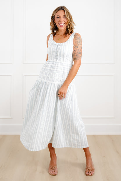 Sleeveless Striped Maxi Dress with Lace Trim