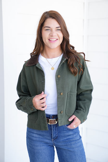 Long Sleeve Cropped Jacket with Corduroy Collar