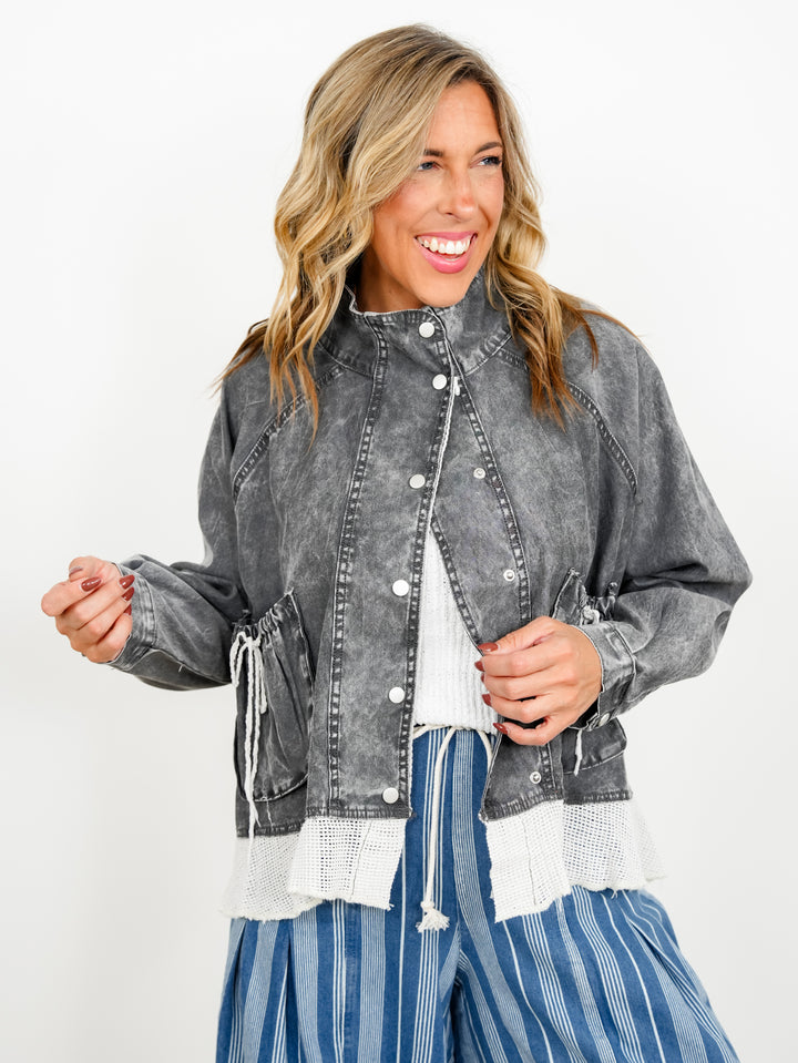 POL Long Sleeve Snap Close Jacket with Mesh Ruffle Hem - Freckled Poppy