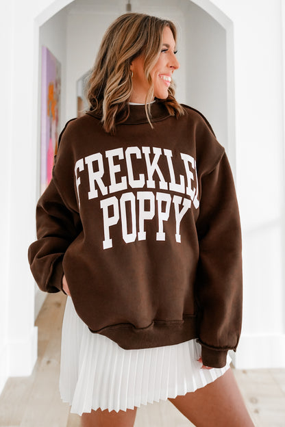 Brown Long Sleeve Reversible "Freckled Poppy/ Unbothered" Graphic Pullover Sweatshirt