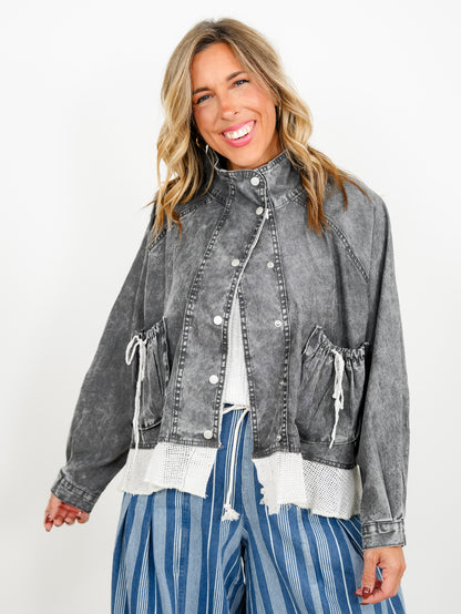 POL Long Sleeve Snap Button Down Jacket with Mesh Ruffle Hem