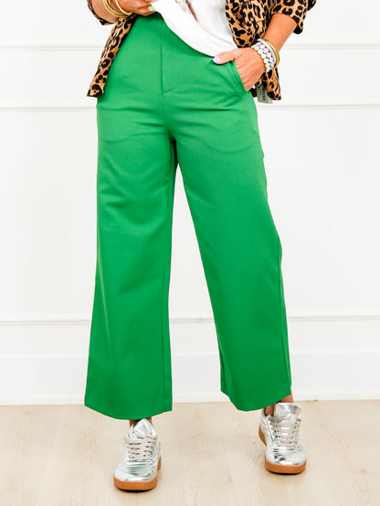 Solid Elastic Waist Wide Leg Pants
