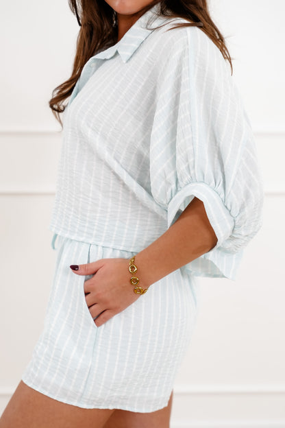 Striped Short Sleeve Button Down Top with Shorts Set