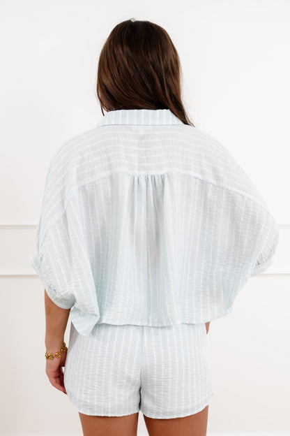 Striped Short Sleeve Button Down Top with Shorts Set