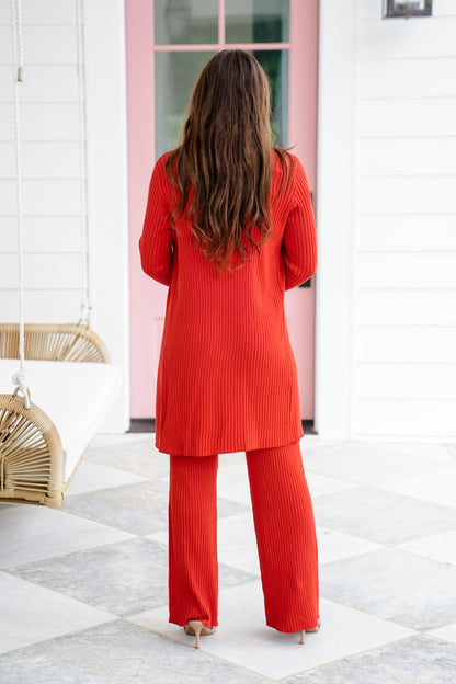 Ribbed Knit 3 Piece Cardigan, Tube Top and Pants Set