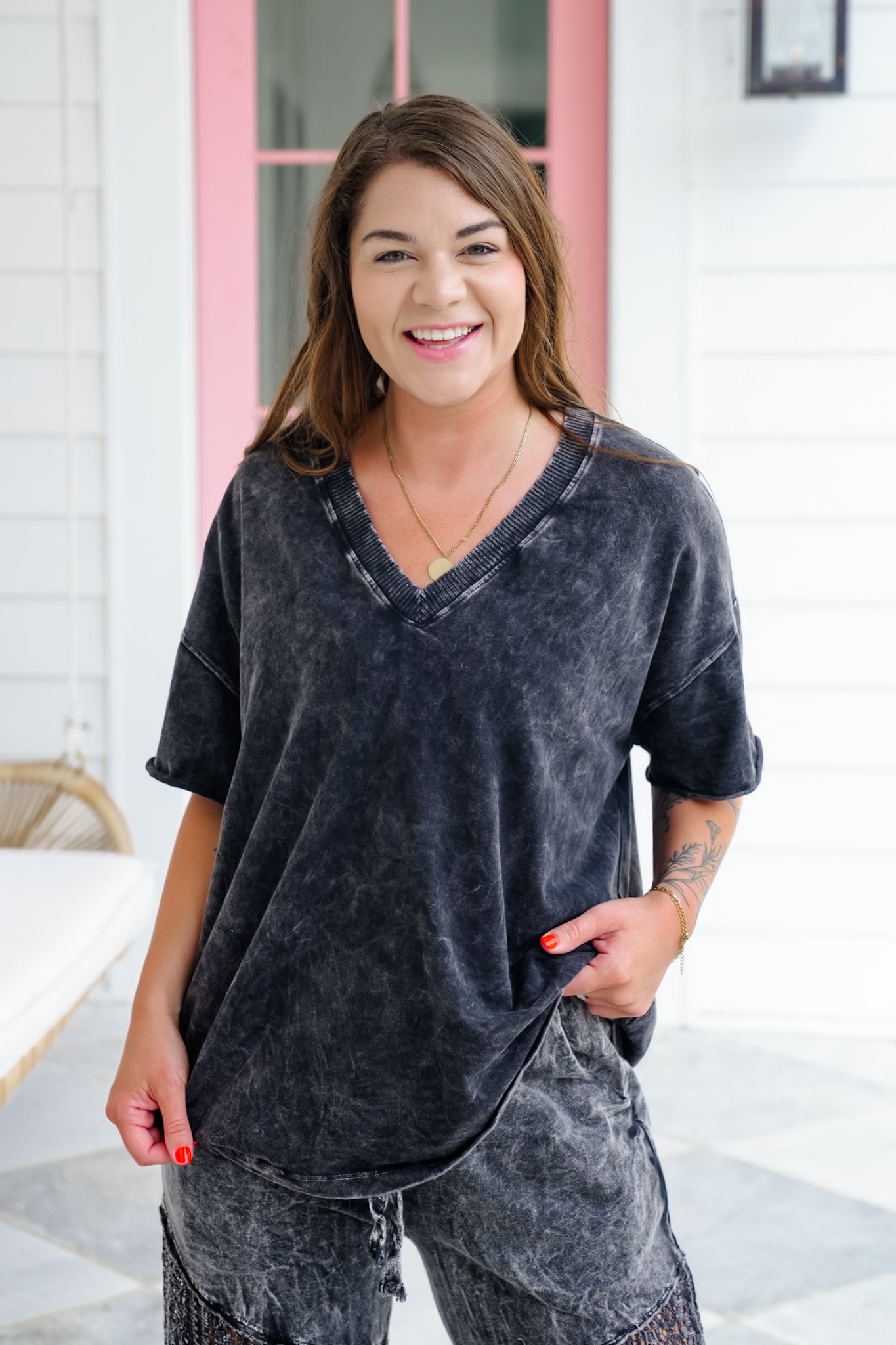 Mineral Wash Short Sleeve V Neck Top