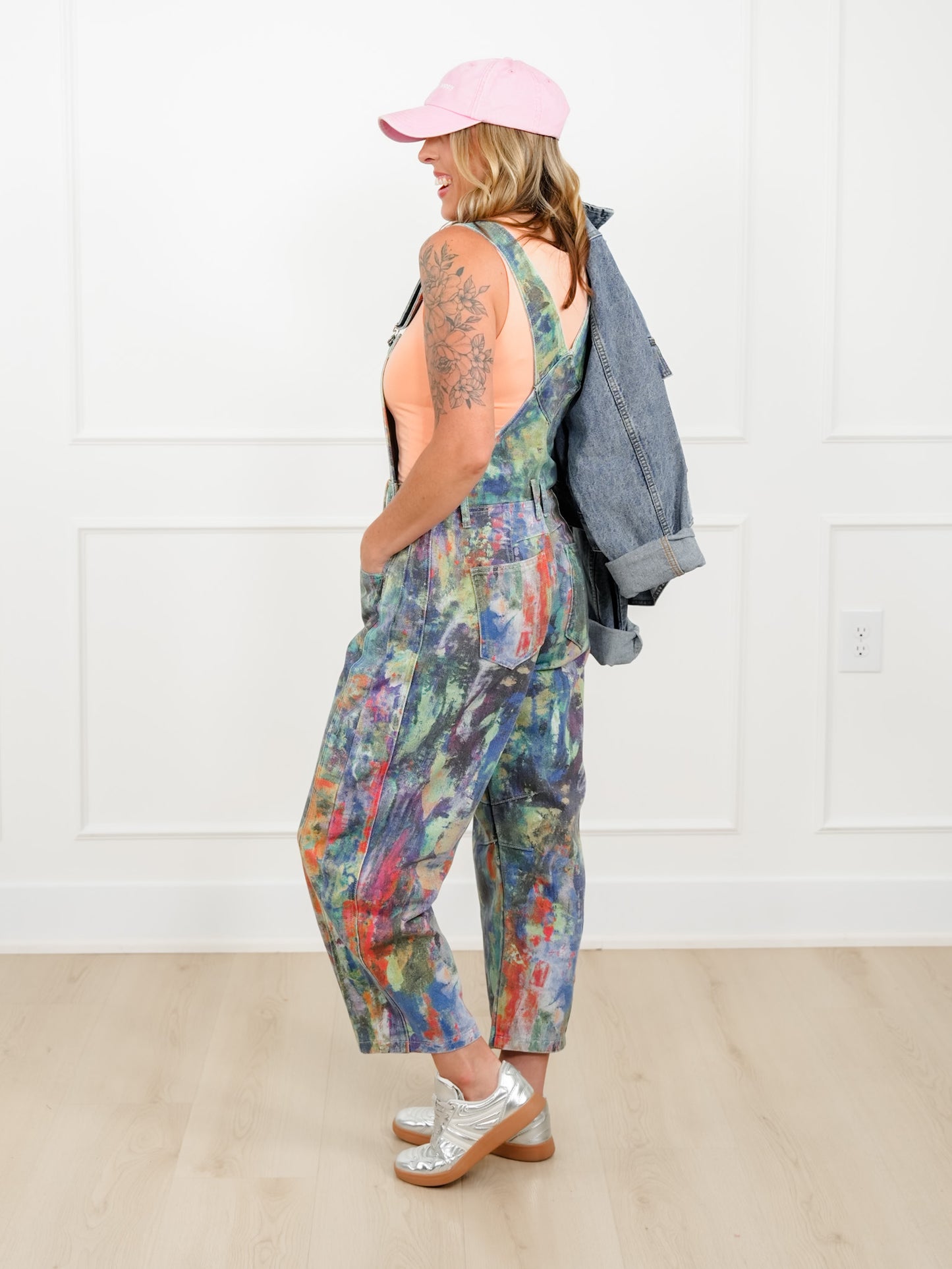 Plus/Reg Washed Painted Barrel Leg Overalls