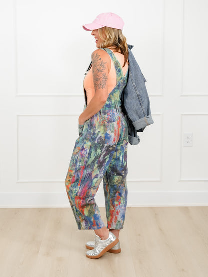 Plus/Reg Washed Painted Barrel Leg Overalls
