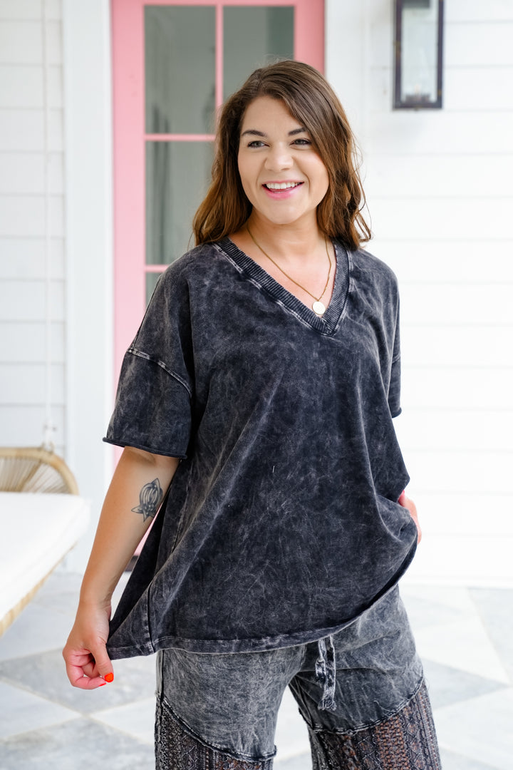 Mineral Wash Short Sleeve V Neck Top