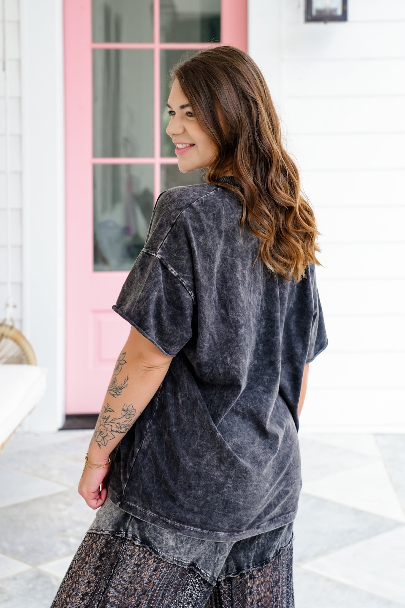 Mineral Wash Short Sleeve V Neck Top
