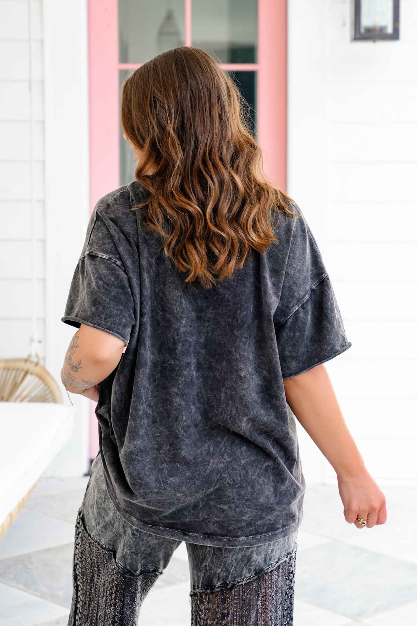 Mineral Wash Short Sleeve V Neck Top