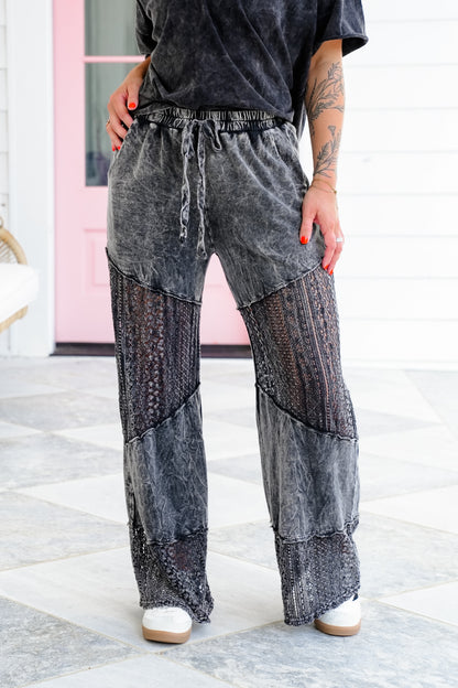 Mineral Wash Elastic Waist Pants with Lace Detail