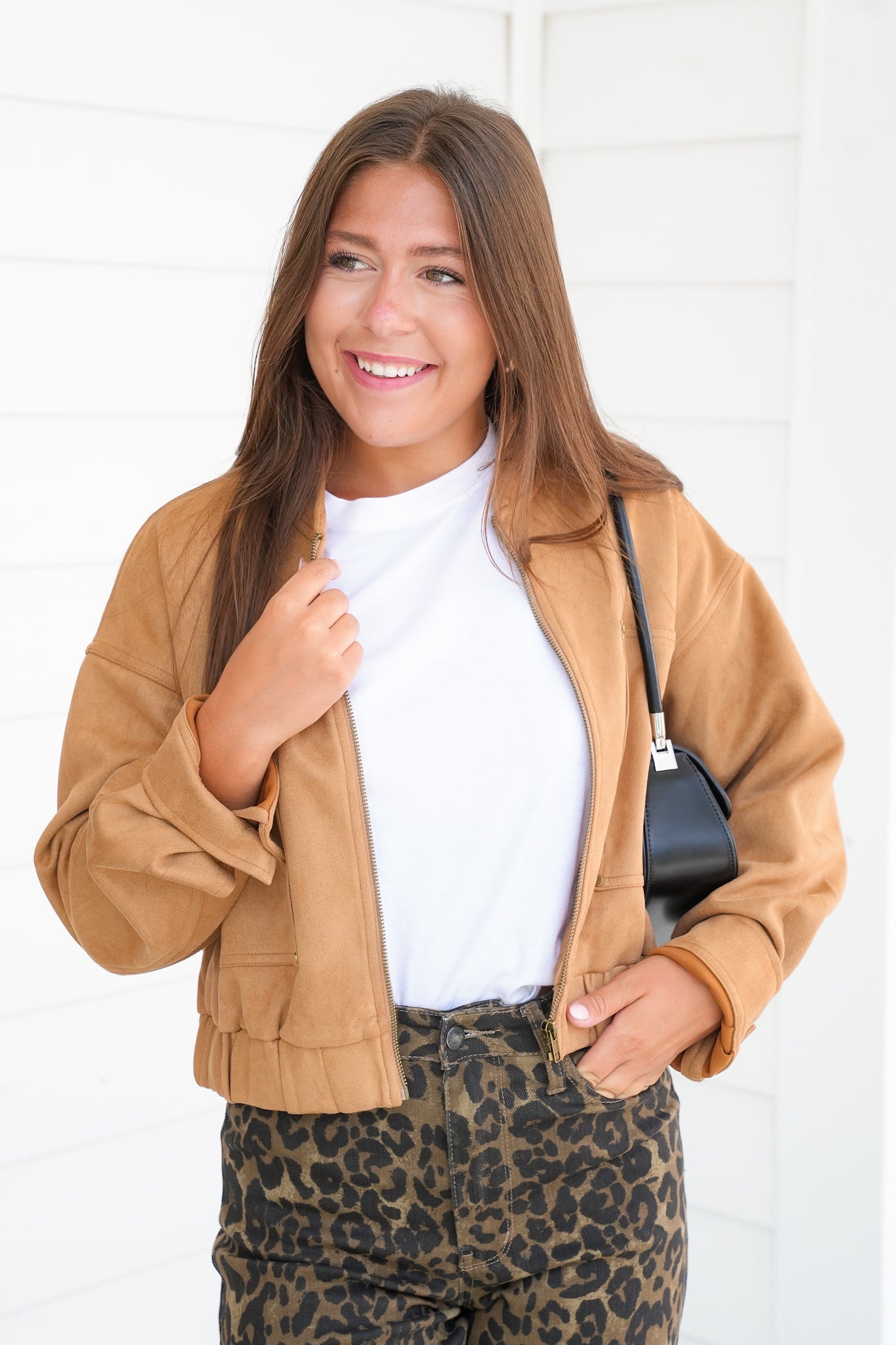 Vegan Suede Long Sleeve Zip Up Bomber Jacket