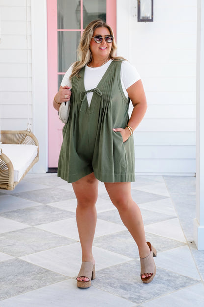 Plus/Reg Olive Sleeveless Front Tie Romper with Pleated Detail