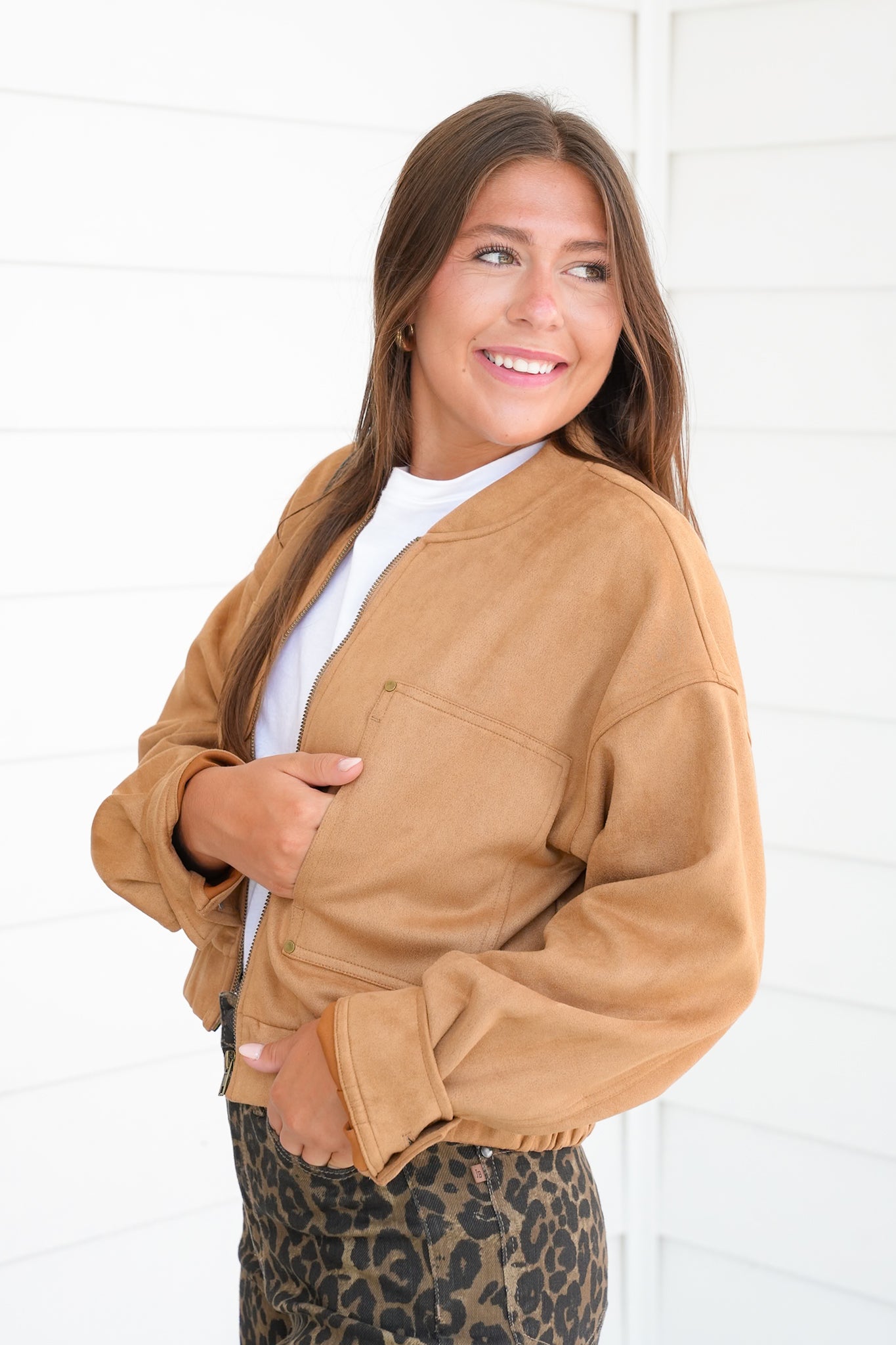 Vegan Suede Long Sleeve Zip Up Bomber Jacket