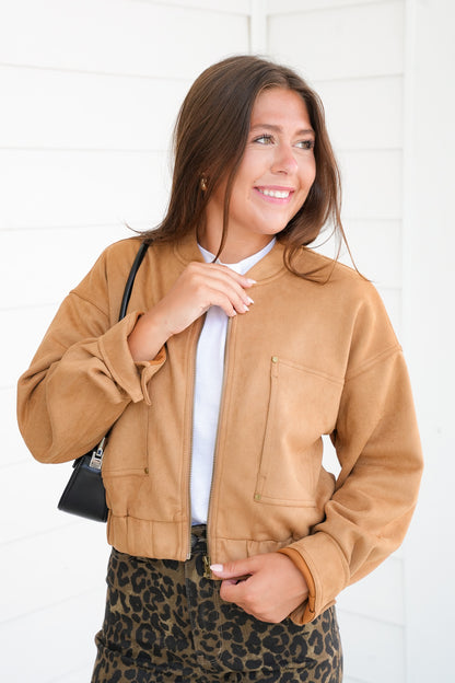 Vegan Suede Long Sleeve Zip Up Bomber Jacket