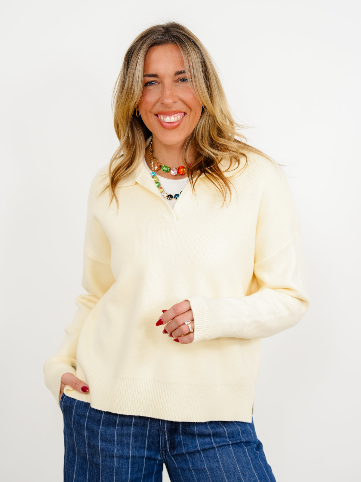 Knit Long Sleeve Split Neck Collared Sweater