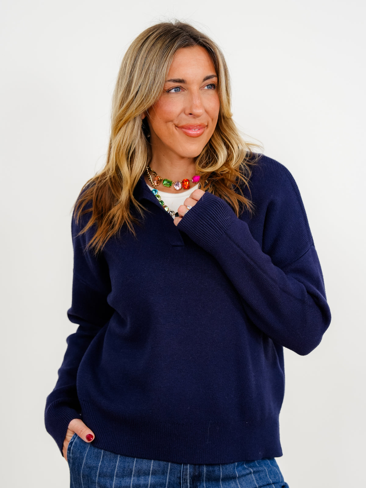 Knit Long Sleeve Split Neck Collared Sweater