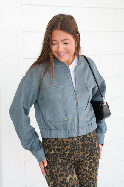 Vegan Suede Long Sleeve Zip Up Bomber Jacket