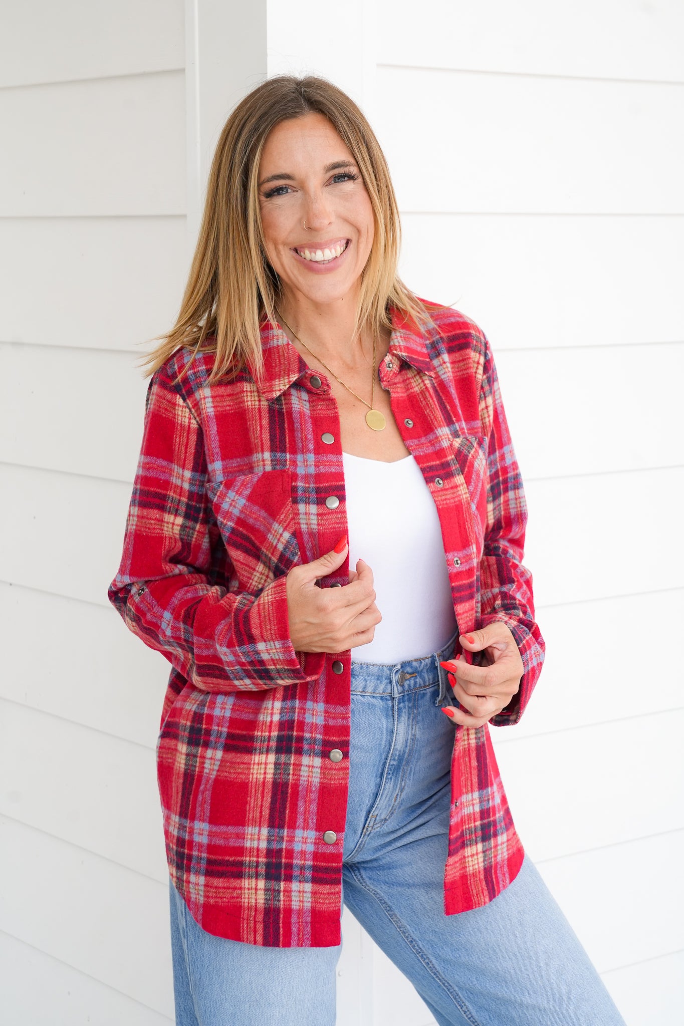 Red Plaid Long Sleeve Button Down Top