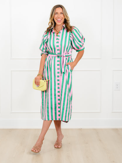 Striped Short Puff Sleeve Button Down Maxi Dress