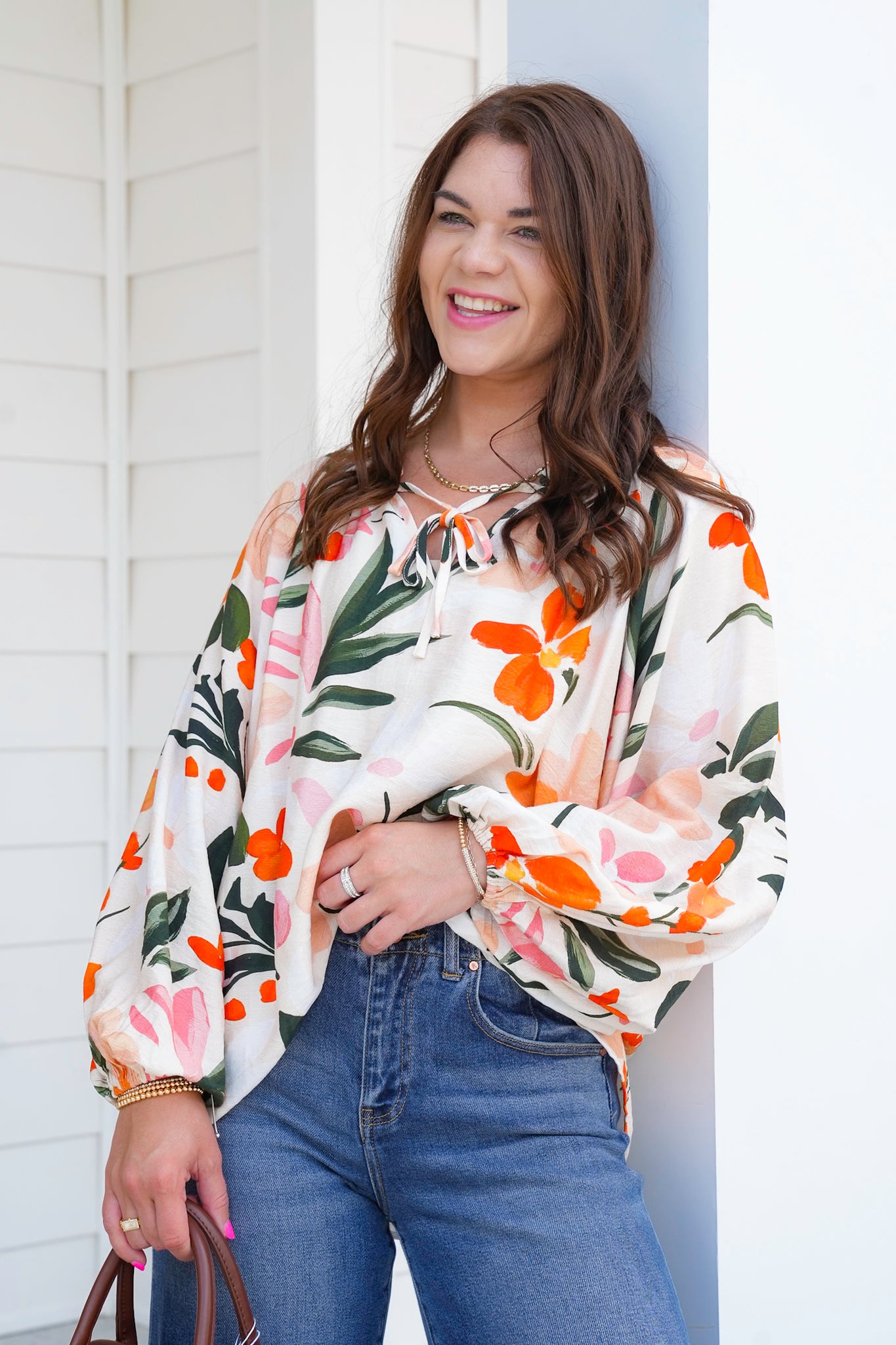 Floral Print Long Balloon Sleeve Top