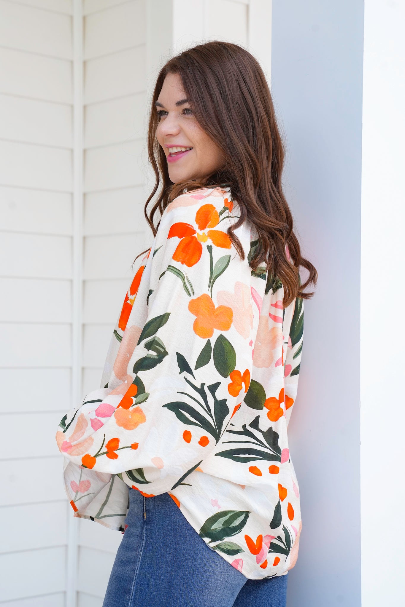 Floral Print Long Balloon Sleeve Top