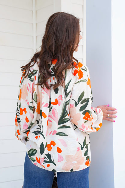 Floral Print Long Balloon Sleeve Top