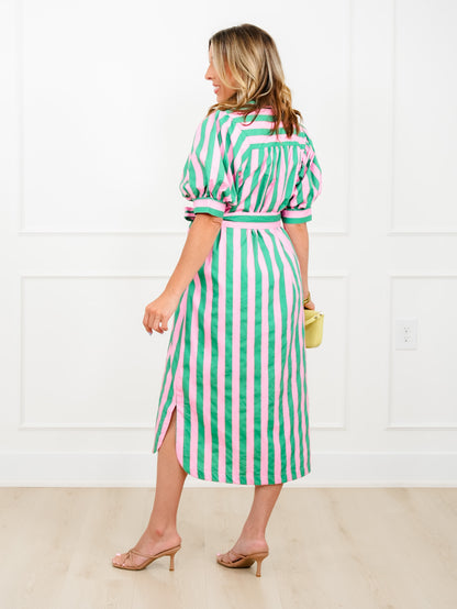 Striped Short Puff Sleeve Button Down Maxi Dress