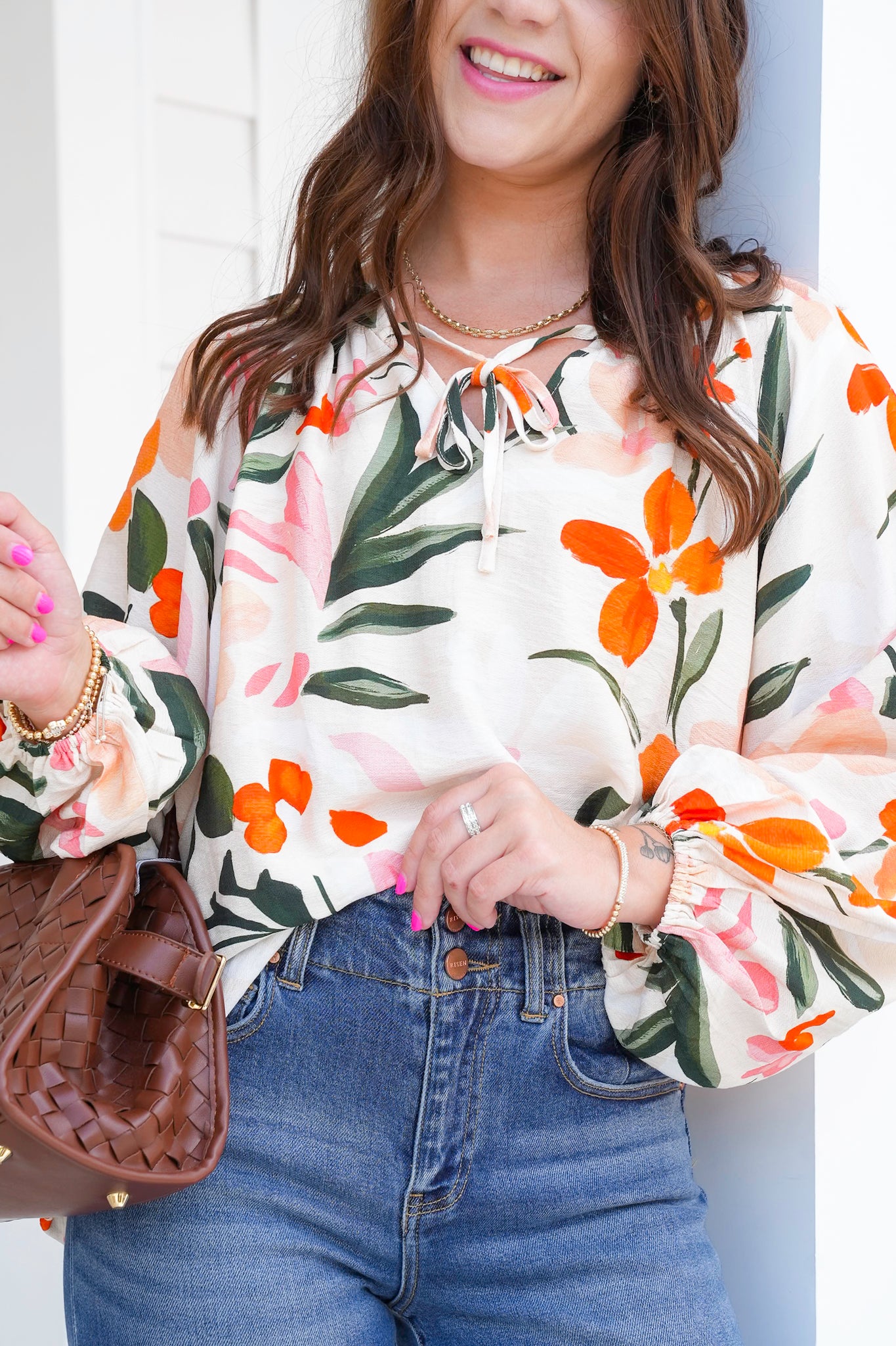 Floral Print Long Balloon Sleeve Top