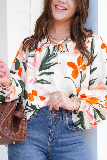 Floral Print Long Balloon Sleeve Top