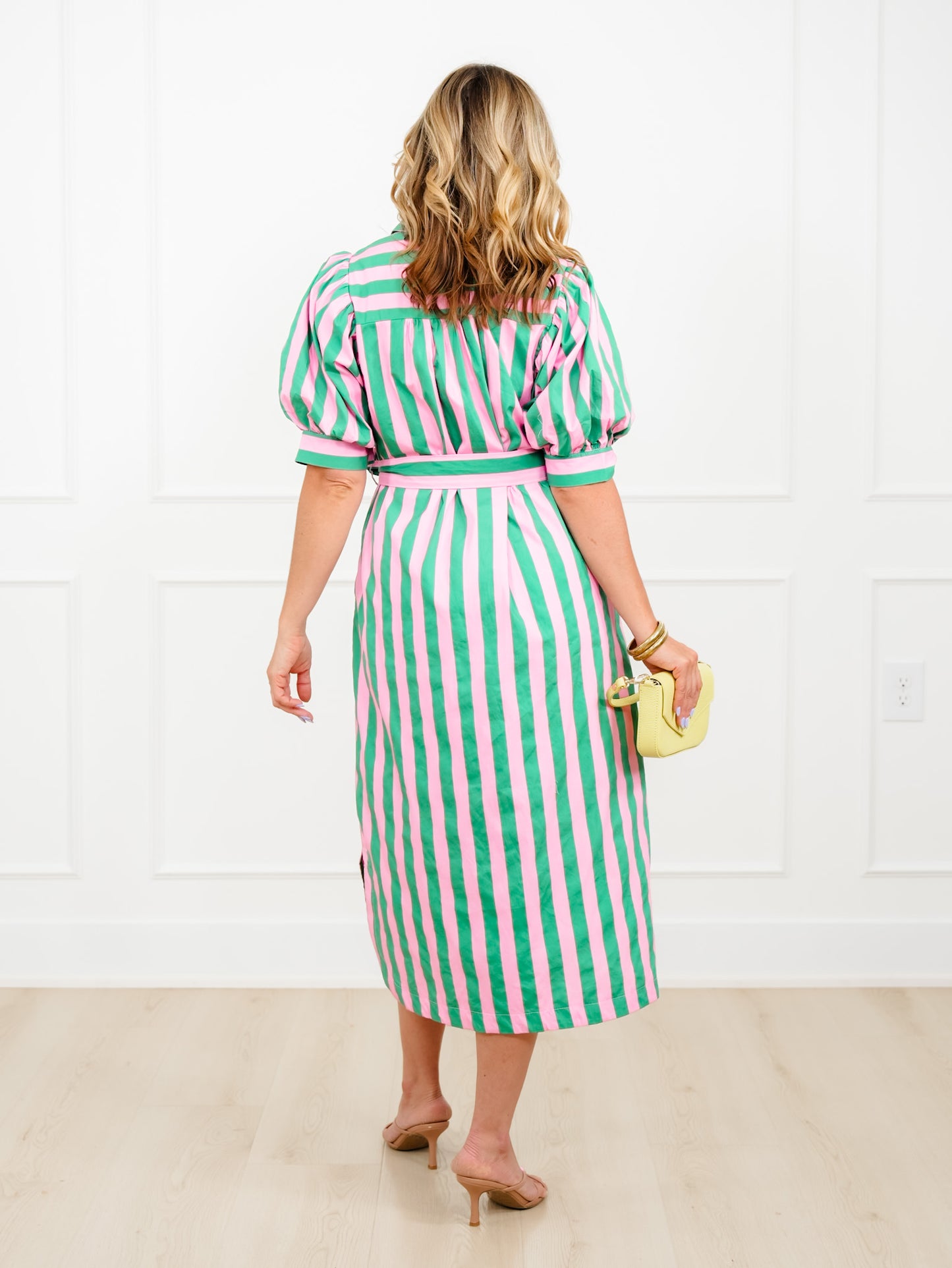 Striped Short Puff Sleeve Button Down Maxi Dress