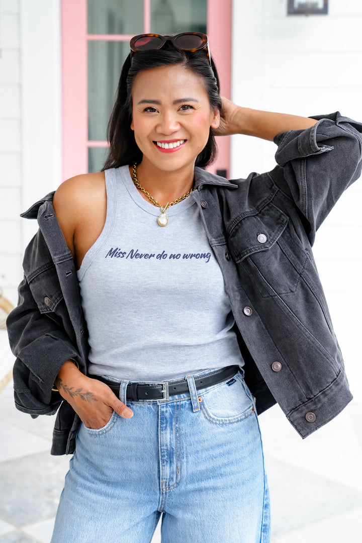 Plus/Reg Sleeveless "Miss Never Do No Wrong" Graphic Tank