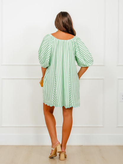 3/4 Sleeve Stripe Mini Dress With Scallop Hem