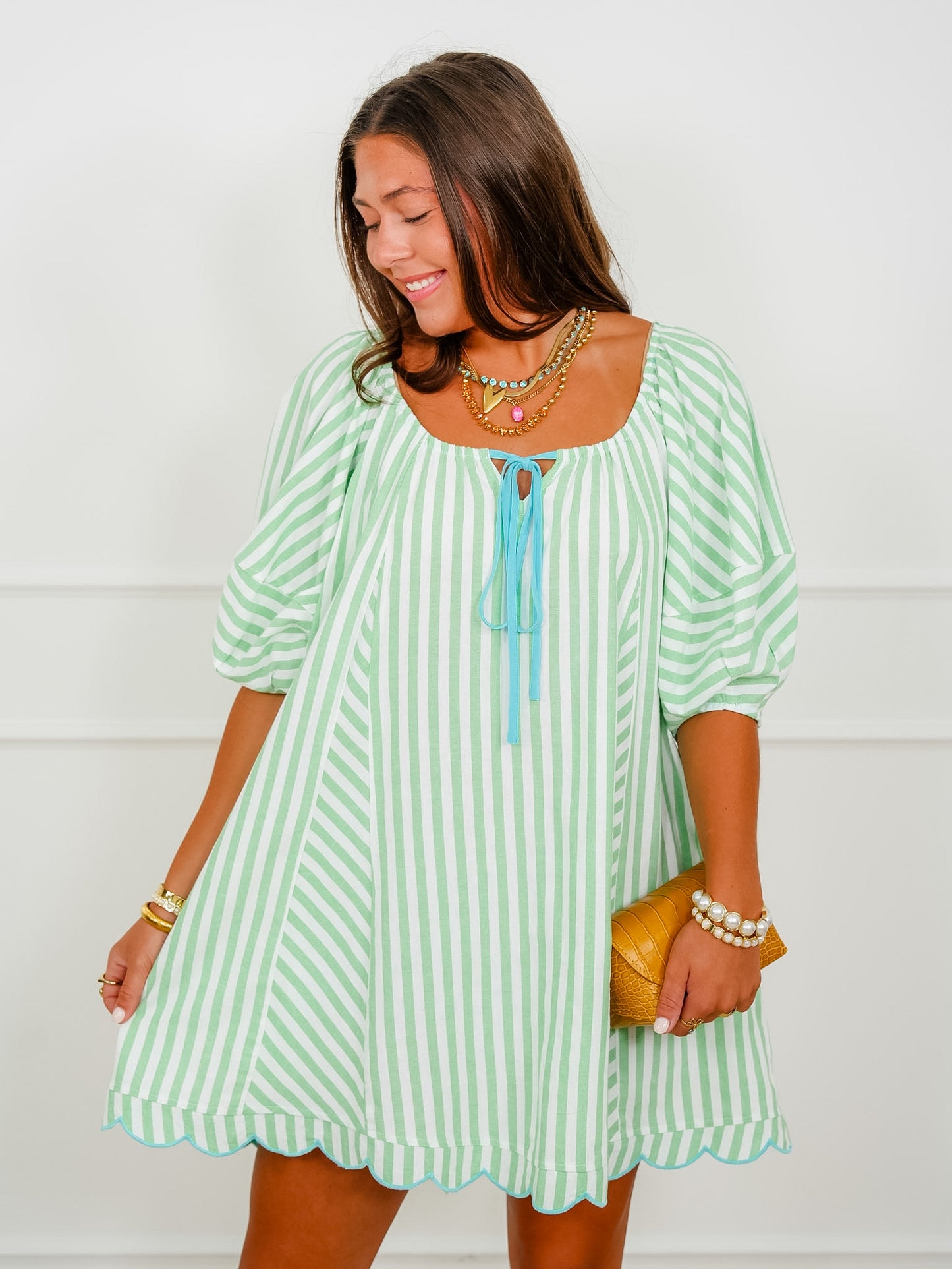 3/4 Sleeve Stripe Mini Dress With Scallop Hem