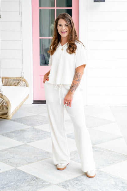 Textured Short Sleeve Top And Pants Set