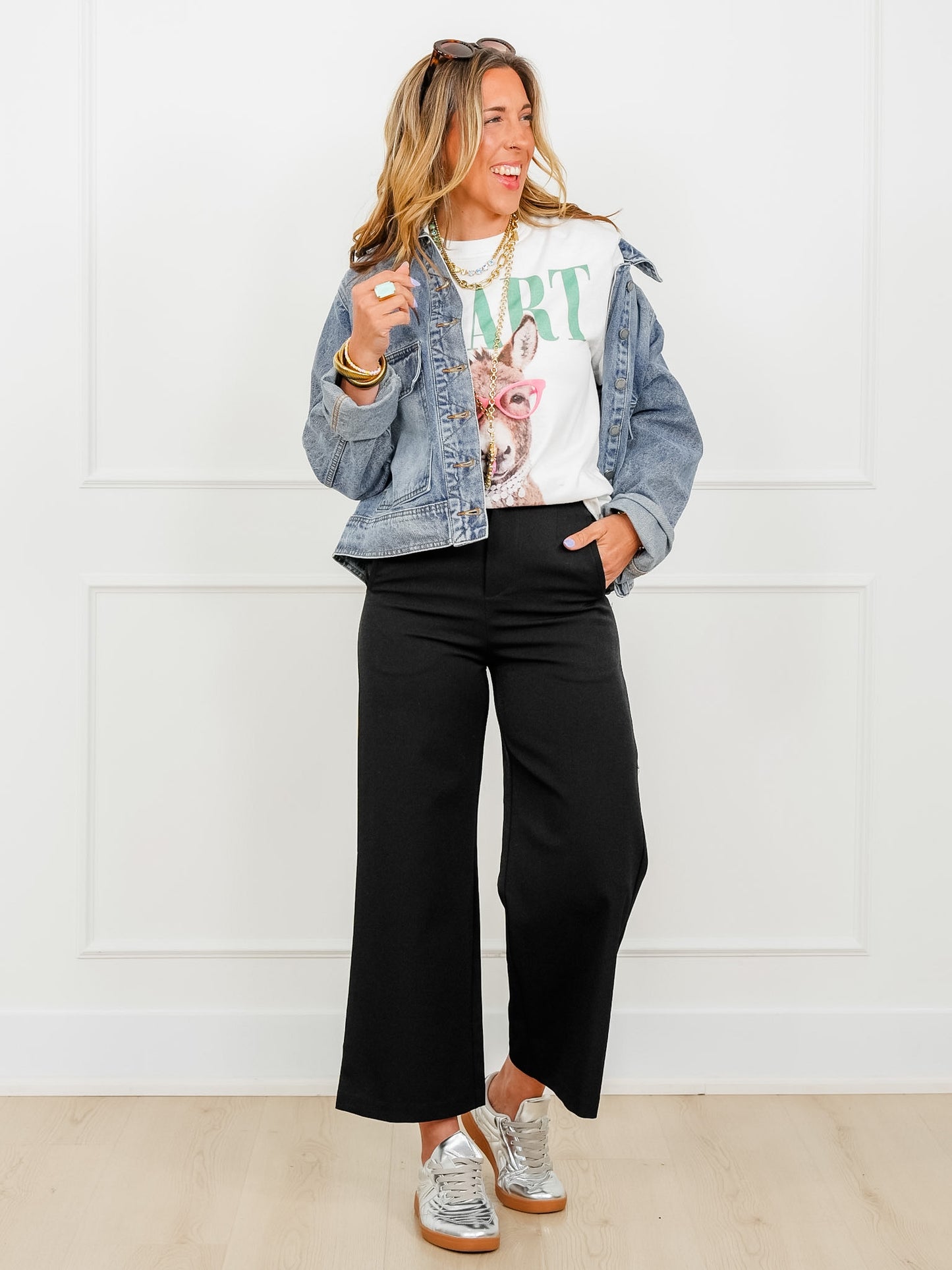 Solid Elastic Waist Wide Leg Pants
