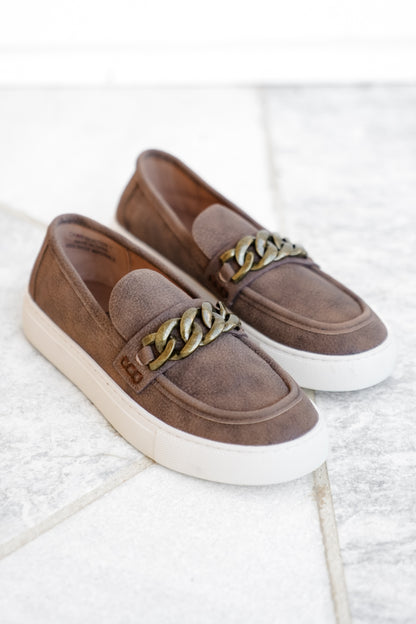 Corky's "Chain Reaction" Pebbled Texture Slip On Loafers with Chunky Gold Chain